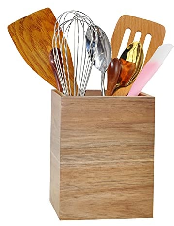Eitida Kitchen Utensil Holder - Decorative Kitchenware Organizer Crock Stand - Solid Acacia Wood - Storage for Cutlery, Silverware, Spoons, Spatulas, Cooking Tools - Countertop Caddy - Brown