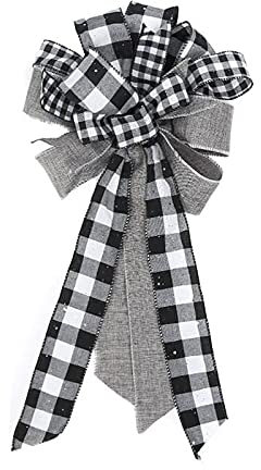 JYCAR Black White Buffalo Plaid Christmas Bow, Halloween Thanksgiving Christmas Wreath Bow for Christmas Tree Topper Bow Front Door Wreath Christmas Decorations (13x22.8 inch)