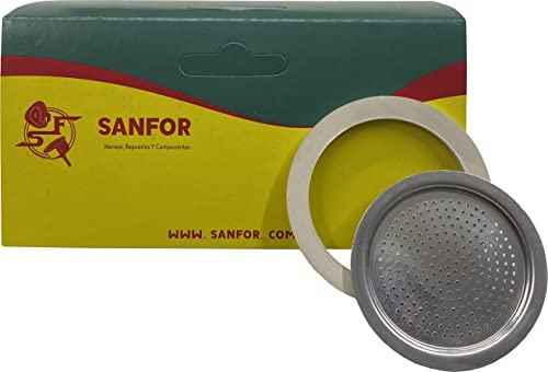 Sanfor Juntas Goma + Filtro para Cafetera Italiana 2 Tazas Caucho Blanco Aluminio 54 x 42 x 6 mm, 87023