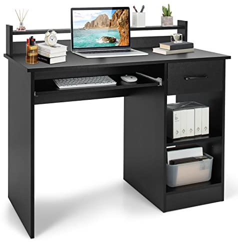 COSTWAY Computer Desk, Wooden PC Laptop Table Writing Workstation with Sliding Keyboard Tray, Adjustable Storage Shelf and Drawer, Modern Home Office Work Study Desk (Black)