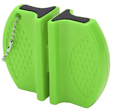 Mini affilacoltelli Portatile Manico Antiscivolo Design a Doppia Lama Pratico affilacoltelli Tascabile con Gancio a Catena per Coltello da Macellaio Verde
