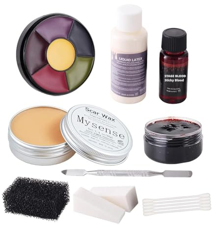 Mysense Liquid Latex Scar Wax SFX Makeup Kit for Fake Scars Wounds Burns With 6 Color Bruise Wheel Face Body Paint Stage Blood Coagulated Blood Gel and Spatula Sponges Q-tips