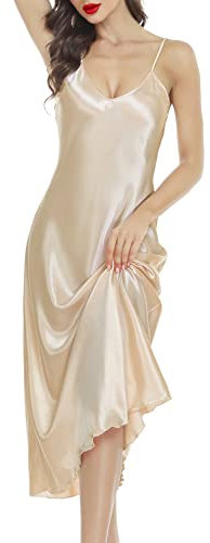 Lovasy Nuisette Femme Satin Chemise de Nuit Kimono Peignoir Nuisett Longue Fond Robe Femmes Vêtements Pyjama Chic,Champagne XXL