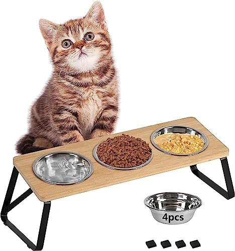 GHIAKQYT Futterstation Katzen Erhöht,Katzennäpf auf Holz Napfständer,Katzen Fressnapf Katzennapf Erhöht mit 4 Edelstahl Schüsseln Futterschale für Wasser Futter,Futternäpfe für Katzen und Welpen