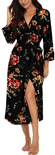 PrinStory Damen Morgenmantel V-Ausschnitt Bademantel 3/4 Ärmeln Morgenrock Gestrickt Nachtwäsche Lang Saunamantel (FP-Braun Schwarz, M)