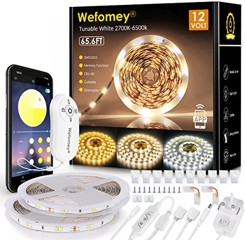 Wefomey White LED Strip Light 20M 1200 LEDs, 7200lm Dimmable 12V Tape Light with App Control Remote, Stick on LED Light for Kitchen, Bedroom, Ceiling (2700K-6500K Warm to Cool Tunable White)