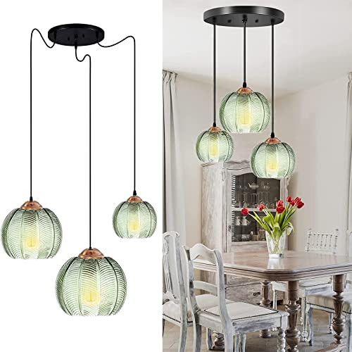Suspension en Verre Vert Clair Suspension Luminaire Abat-jour Verre Art Déco Lampe Salon Salle à Manger,Cordon Réglable,Luminaire Suspendu pour Chambre à Coucher, Salon, évier de Cuisine (3SET)