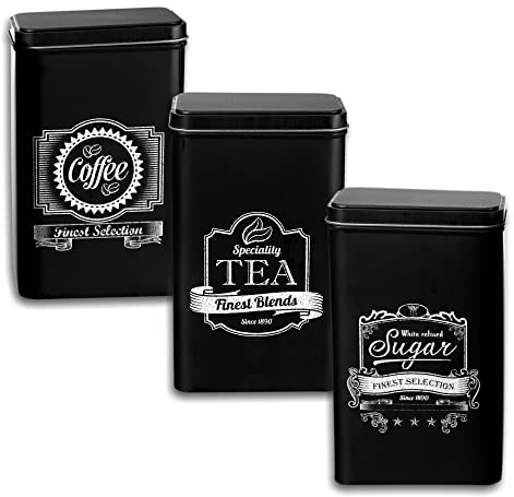 hibuy 3er Set - Retro Blechdosen - Kaffeedose, Teedose & Zuckerdose - Vorratsdosen mit Deckel Farbe Schwarz & Weiß - 19 x 11 cm