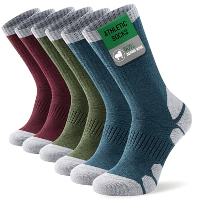 TANSTC Men's Hiking & Walking Socks Merino Wool - Cushioned Crew Performance Athletic Socks for Women Running Cycling Work Sports