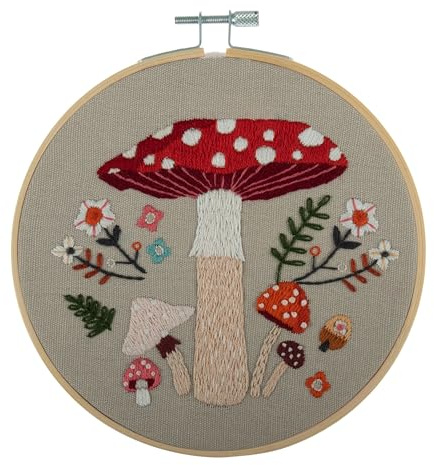 Trimits Embroidery Kits - 15cm 6 Embroidery Beginners Kit, Cross Stitch Kits for Adults, Starter Set with Bamboo Hoop, Fabric, Threads, Needle & Backing - Toadstool