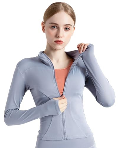 BenBoy Damen Laufjacke Atmungsaktive Sportjacke Langarm Weiches Gym Top Leichtes Trainingsjacke mit Reißverschluss Fitness Top mit Daumenlöchern Yoga Wandern SYMTWT03-Blue-L