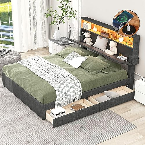 Kayan Polsterbett 140x200cm, Doppelbett mit Stauraum und Lattenrost, LED Kopfteil mit Staufach und USB Ladefunktion, Funktionsbett mit Zwei Schubladen, Verstellbares Kopfteil, Leinen (Grau)