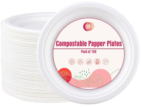 STL Strong Paper Plates (10 Inch / 100-Pack) 100% Compostable Heavy-Duty Eco-Friendly Disposable Bagasse Plates Made of Natural Sugarcane Fibers – Biodegradable Paper Plate