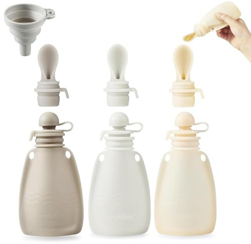 PandaEar 3 Pochettes Alimentaires Bébé en Silicone, Réutilisables avec 3 Cuillères Purée en Silicone, Pochettes de Rangement Alimentaire Sans BPA pour Nourrissons et Enfants, 150 ML