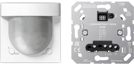 JUNG Home Bewegungsmelder-Set mit 1701SE Schalteinsatz Relais 1-Kanalig + BTLS17182WW Bewegungsmelder 2,2 m Thermoplast Alpinweiß Serie LS