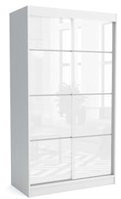 Brent - Kleiderschrank mit Schiebetüren July, 100cm Breit, Schlafzimmerschrank mit 1 Kleiderstange und Einlegeböden für Kleidung, Kleiderschrank Weiß Matt/Weiß Hochglanz