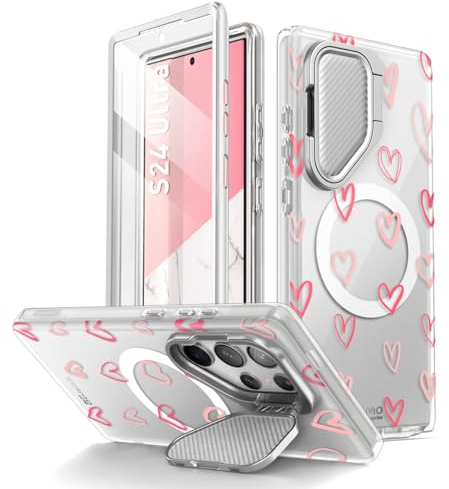 i-Blason Cosmo for Samsung Galaxy S24 Ultra Case with Camera Cover Stand, [Support MagSafe] Stylish 360 Full Case with Screen Protector & Kickstand Magnetic Phone Case for S24 Ultra, Hearts