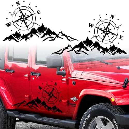 2 Pcs Berg Autoaufkleber Universal Auto Kompass Motorhaube Dekoration Aufkleber Vinyl Wasserdicht Dekoration Aufkleber für SUV Geländewagen Wohnmobil Karosserie Seitentür Kofferraum,Schwarz,56 x 30 cm