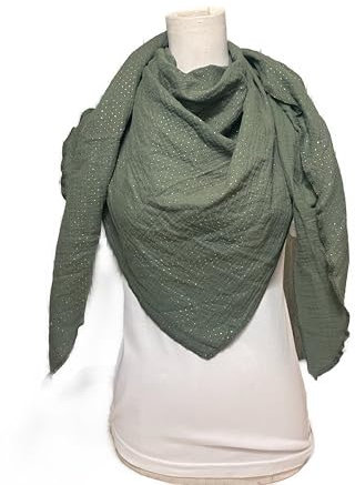 Musselintuch Khaki mit Regenbogen Punkten XXL Halstuch, Wickeltuch Schal,Dreieckstuch aus Musselin Tuch Stola Handmade Schal einlagig