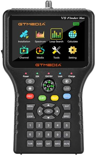Pointeur Satellites V8 FINDERmax Digital Sat Finder Meter, Localisateur Signal Satellite Numérique pour DVB-S/S2/S2X, Satfinder Décodeur de Récepteur de Signal Détecteur de Satellite Écran 4,3 LCD HD