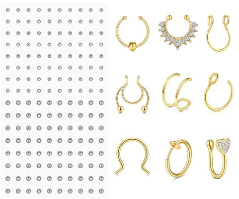 MODRSA Fake Septum Ring Selbstklebenden Chirurgenstahl Kugeln Gold Faux Septum Ring Nasenring Faux Lippe Nase Septum Ring Nose Cuff Nostril Piercing