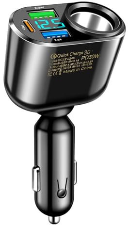 12V/24V USB C Car Charger Cigarette Lighter Socket, 90W Car Cigarette Lighter,30W PD Car Charger,66W USB Super Fast Charger, 3.1A USB with LED Voltmeter for phone, iPad, Car Cameras and more