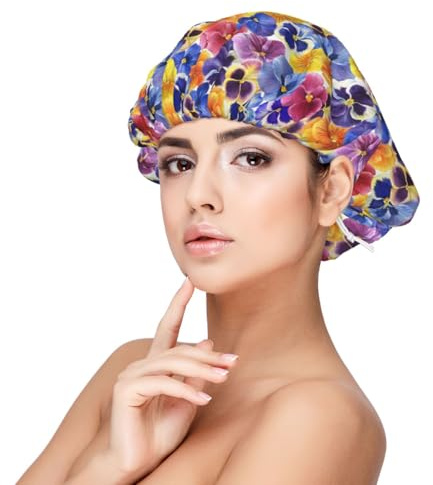 Mosytuky The Garden Tricolor Pansy Flower Print Silky Satin Bonnet For Sleeping,Hair Bonnet For Women And Men,Adjustable Sleep Bonnet For Curly Hair