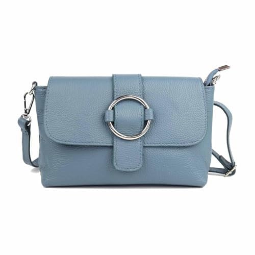 Made in Italy Damen Leder Tasche Umhängetasche Cross Over Body Messenger Bag Echtleder Ledertasche Schultertasche Brusttasche Hüfttasche Gürteltasche Clutch Abendtasche Jeansblau