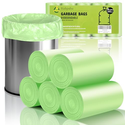 Rishipahu Kleine Müllbeutel, 200 Stück, biologisch abbaubar, grün, Mini-Müllbeutel für Badezimmer, Büro, Schlafzimmer, geruchlos, 15 l