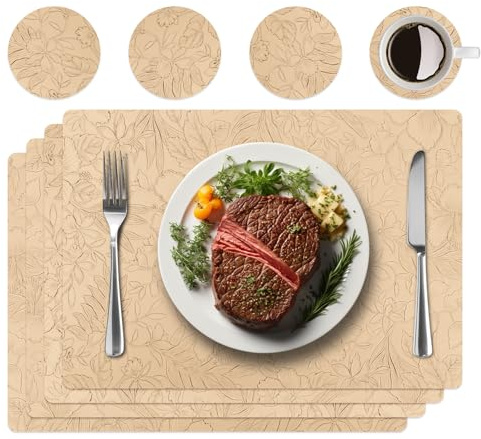 4er Set Tischsets aus Kunstleder,Platzsets abwaschbar mit Dekor | Inklusive 4 Untersetzern,edle Blumendekor-Prägung,rutschfest & hitzebeständig,idealer Tischschutz für Küche & Esstisch