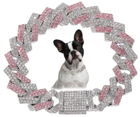 Hundehalsband, Diamant-Metall, kubanische Glieder-Hundehalsband, 15 mm breit, glitzernd, für kleine, mittelgroße und große Haustiere, Hunde, Katzen, Rosa (45.7 cm)