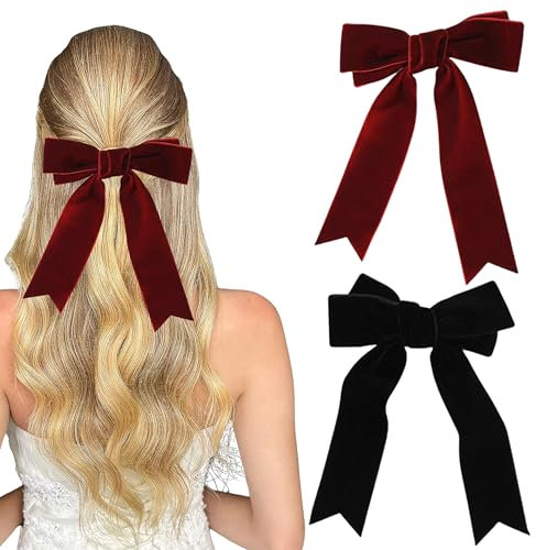 Schleife Haarspange - 2 Stück Samt Haarschleifen Clips, Französisches Haarspangen mit Große Schleife Haarschmuck für Frauen ＆ Mädchen, Hochzeit, Weihnachten Haar, Geburtstag (Schwarz + Weinrot)