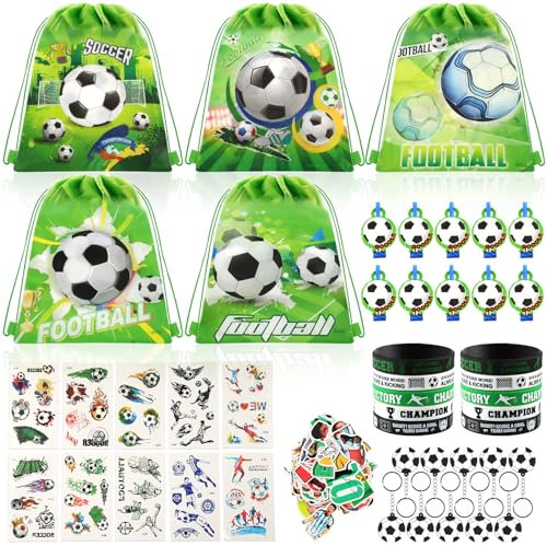 Fußball Party Mitgebsel Kindergeburtstag, Fussball Deko Mitgebsel Jungen mit Silikonarmband Schlüsselanhänger Kordelzug Taschen Tätowierungen Sticker, Give Aways Kindergeburtstag Fussball für Kinder