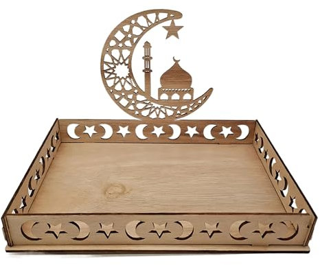 Ramadan Deko Teller Holz Ablett, Eid Mubarak Teller Holz ablet, Ramadan Hölzerne Dessert Tablett Mond Stern Form Tablett, Partei Servieren Display-Halter Dekoration Serviertablett Islam Partyzubehör