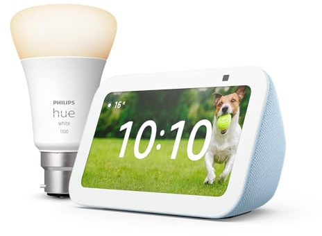 Echo Show 5 (Newest gen), Cloud Blue + Philips Hue White Smart Light Bulb LED (B22), with Alexa+ Early Access
