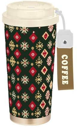 Amooorous Dekorativer Kaffeebecher mit Deckel, Weihnachtsmotiv, Edelstahl, Thermobecher für heiße und kalte Getränke, ca. 480 ml