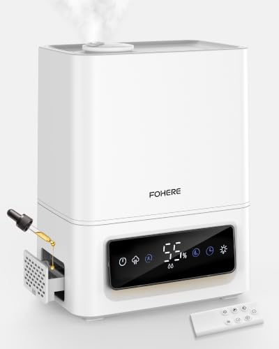 FOHERE Umidificatore Ambiente 6L, 60H Autonomia, 28dB Ultra Silenzioso, per Grandi Stanze, Camera, Neonato, Sensore Umidità, Timer 16H, Luce Notturna, Diffusore Olii, Bianco