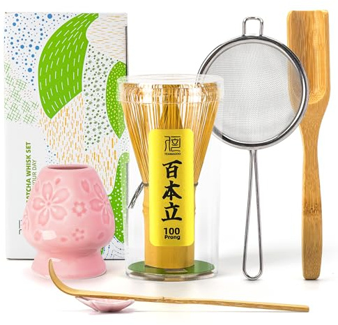 TEANAGOO Matcha Whisk Set,6-PCS Traditional Starter Set,100 Prongs Whisk with Pink Cherry Blossom Holder,Scoop(Chashaku),Tea Spoon,Bamboo Chasen,Ceremony Accessory,Gift for Friend/Family