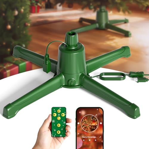 COOLWUFAN Supporto musicale rotante per albero di Natale con telecomando, prese elettriche integrate, albero di Natale per alberi artificiali fino a 2,7 m, supporto stabile per albero rotante a 360