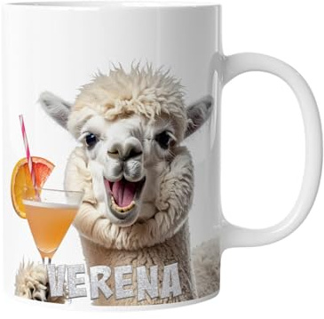 Personalisierte Kaffeetasse Lustiges Alpaka mit Cocktail | Keramik Becher mit Namen – lustige Tiermotiv Tasse, Geschenkidee für Männer, Frauen, Kinder & Kollegen – spülmaschinenfest, 330ml