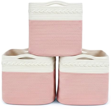 danpinera Aufbewahrungskorb, Körbchen aus 100% Baumwolle für Wohnzimmer, Kinderzimmer, Badezimmer, Rechteckiger Korb 3er Set mit Griffen für Decken & Spielzeug, Weiß-Rosa