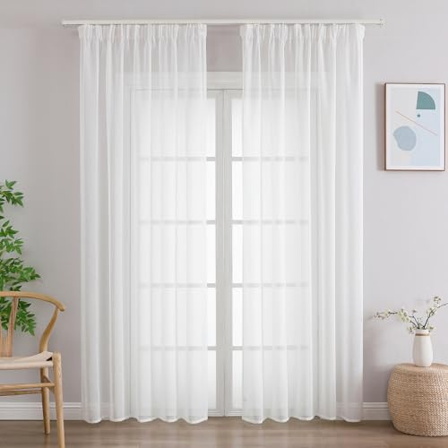 CUCRAF Voile Gardinen mit Kraeuselband Transparent H225xB140cm 2er Set Weiß | Stangedurchzug Blickschutz Tageslicht Lichtdurchlaessigkeit geringe Distanz Voile fuer Wohnzimmer Schlafzimmer Kinderzimmer