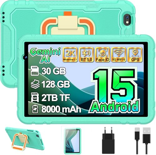 Tablet para Niños 10 Pulgadas Android 15, 30GB+TF 2TB con Gemini AI - Verde | Tablet Infantil con Control Parental, Protective Antichoque Eva + Soporte giratorio de 360°, Octa-Core, Widevine L1, 8000mAh