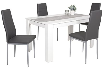 Hela Tische, 5-teilige Essgruppe Lilo, Tisch Holzwerkstoff weiß/betonfarbig 140x80cm, 4x Esszismmerstuhl Kunstleder grau, Metallgestell alufarben