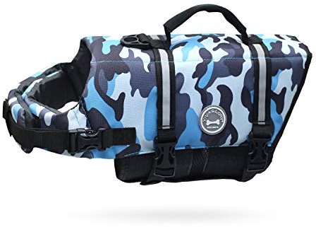 VIVAGLORY Rip Stop Schwimmweste Hund, Hundeschwimmweste, Schwimmhilfe & Auftrieb, Rettungsweste Hund für Bootfahren, S, Tarnblau
