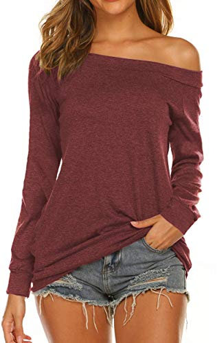 Lalala Oberteile Damen Schulterfrei Locker Tops Winter Langarm Tunika Bluse (Weinrot,M)