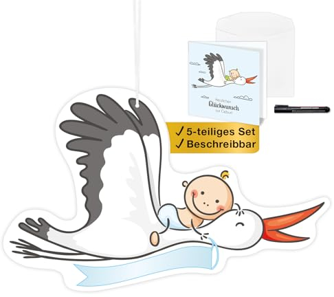 Storch zur Geburt Junge I Willkommen zuhause Baby I Set 5 Teile I Fliegender Klapperstorch I beidseitig bedruckt I zum Aufhängen I wetterfest I innen & draußen I 53 x 34 cm I Geburtsstorch Babyparty