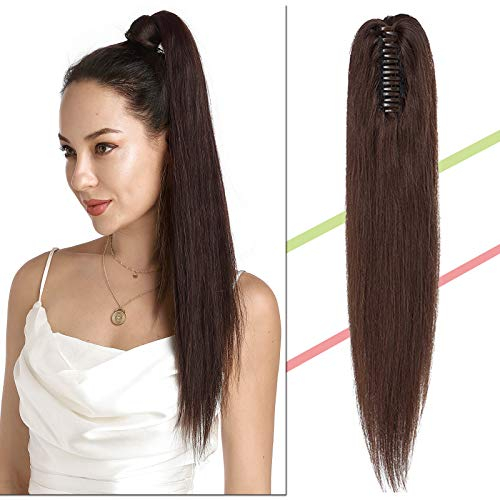 Coleta Postiza Lisa Pelo Natural con Pinza 100% Remy Extensiones de Cabello Humano Clip in Ponytail Hair Extension 45cm-115g 02# Marrón Oscuro