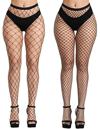 CHRORINE 2 pares de medias de red negras 2 estilos de cintura alta para las mujeres medias de muslo