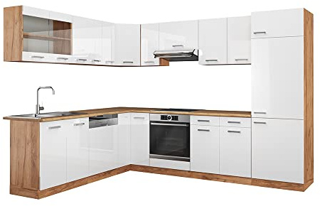 Vicco Eckküche R-Line, Weiß Hochglanz/Goldkraft Eiche, 287 x 227 cm | 12 Module · Höhenverstellbare Füße · Ohne Arbeitsplatte · Robuste Fronten · Mit Kühlschrankumbauschrank · Frei kombinierbar